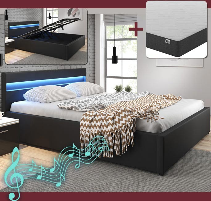 Cama de matrimonio canapé con música (subwoofer) Barry en color negro